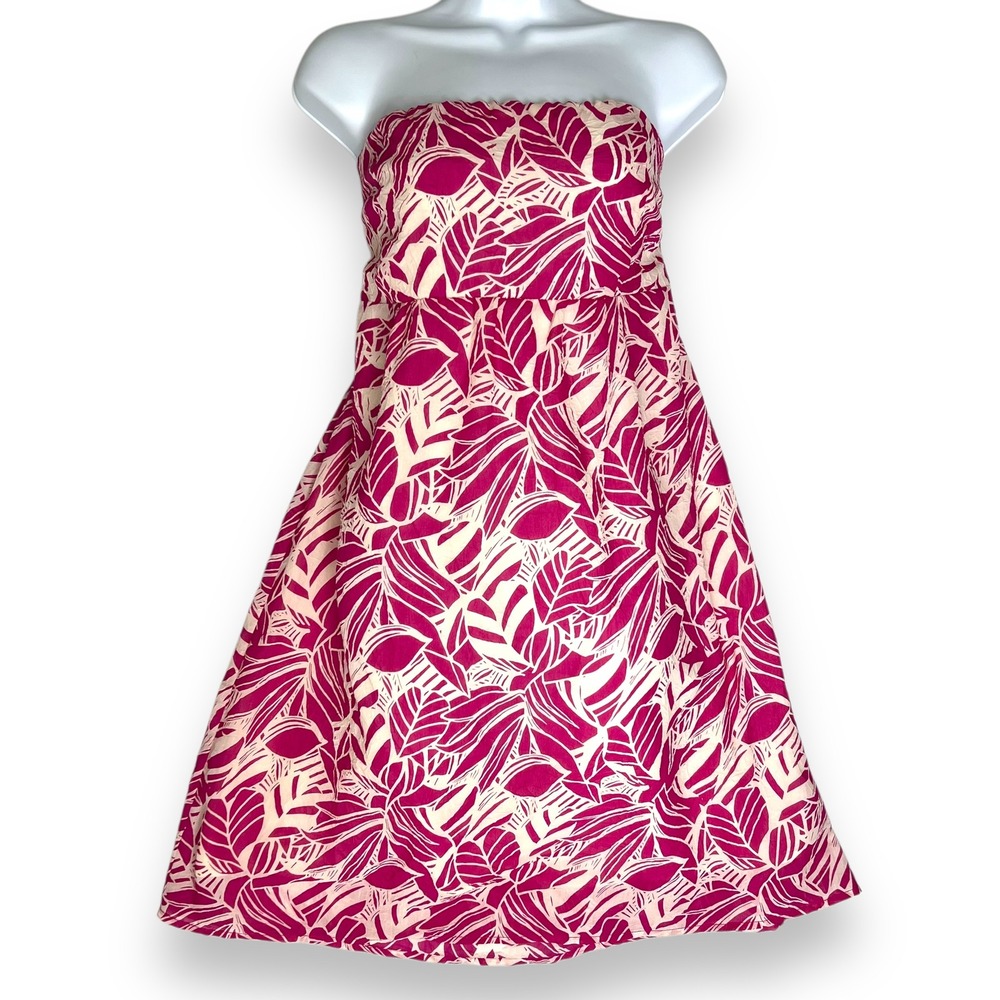 American Eagle Strapless Dress Pink Leaf‎ Crinkled Smocked Lined Y2K Size 14